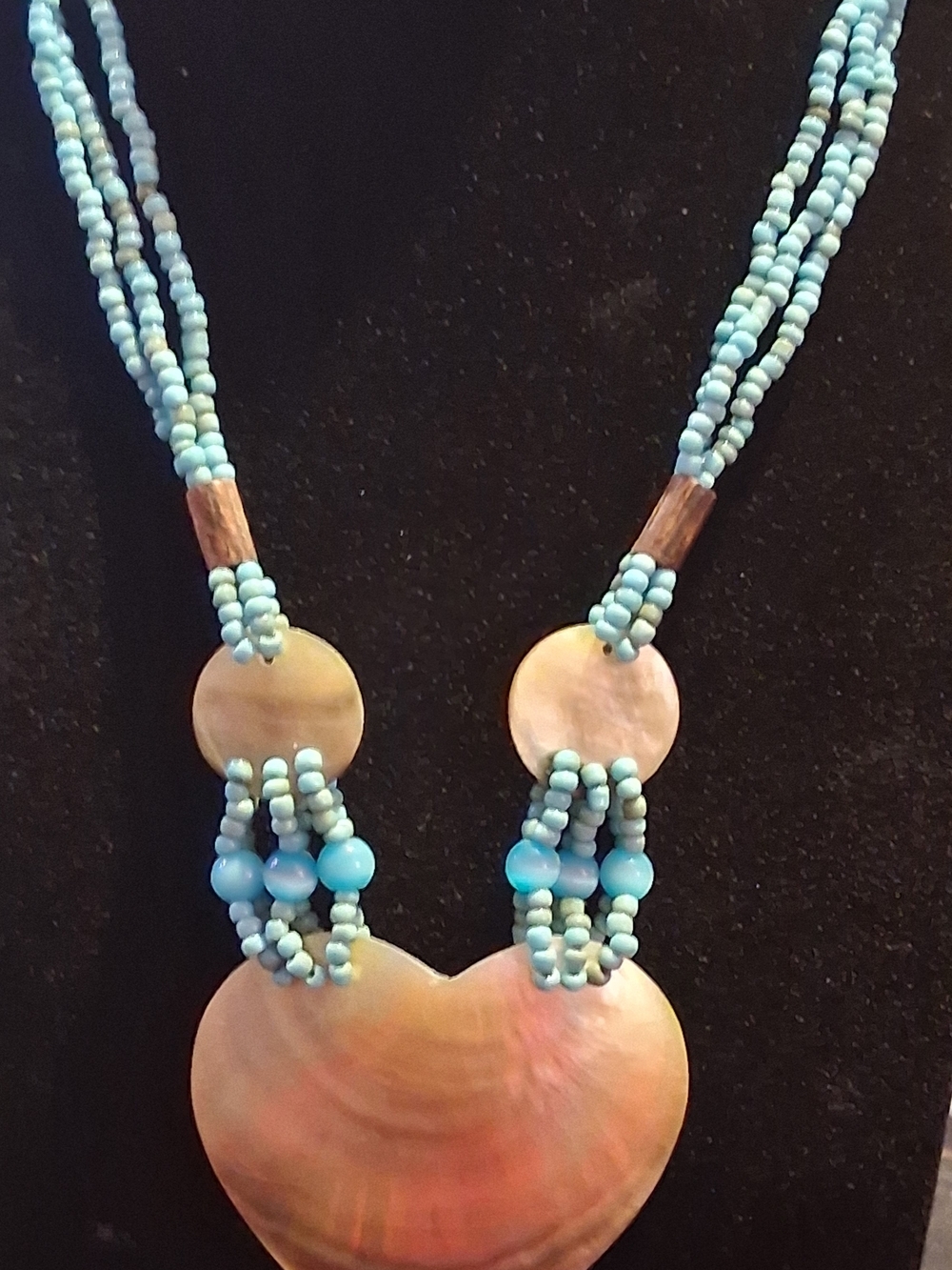 Vintage Blue Glass BeTurquoise Bead and Shell Statement Necklace - Women Jewelry